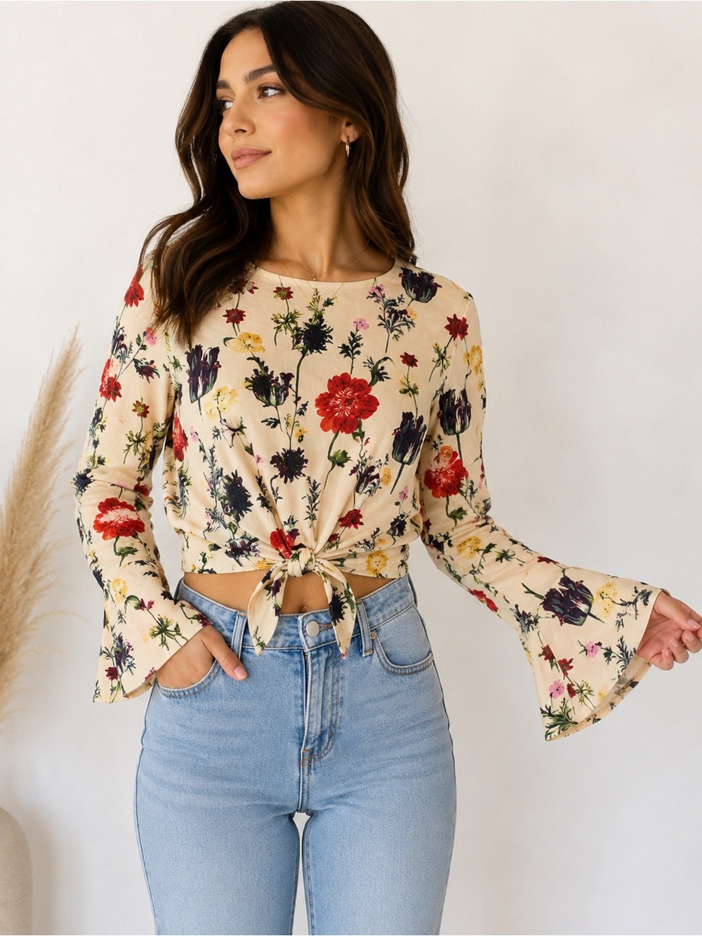 H&M Garden‎ Floral Print Tie Front Top Cream Botanical Cottagecore Boho Blouse